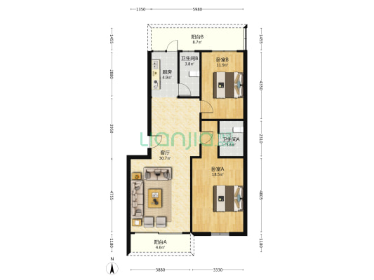 康隆楼 2室1厅2卫 105平方