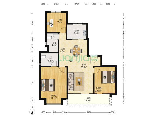 长粼府 3室1厅2卫 121平方