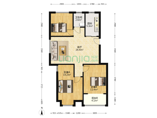 熙溪雅居 3室1厅1卫 90平方