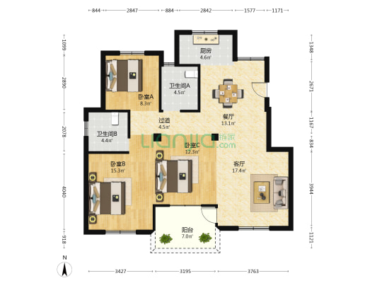 东升小区 3室2厅2卫 108平方