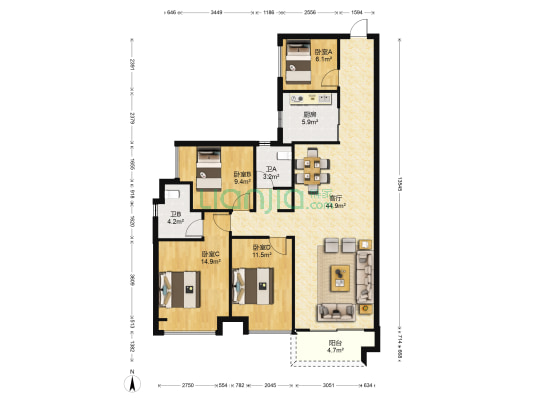 美的翰湖苑 4室1厅2卫 125平方