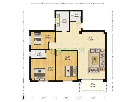新鸿花园一期 3室1厅2卫 126平方