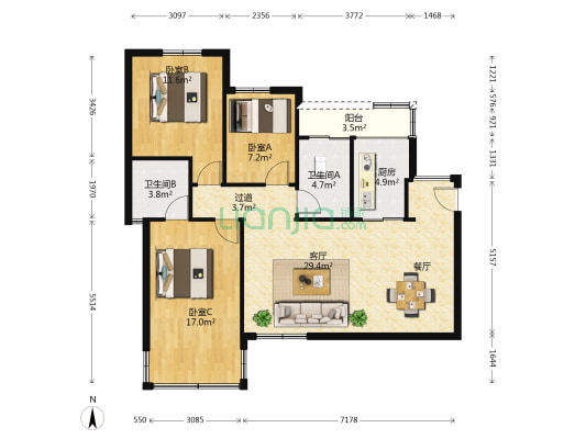 宏大花园 3室1厅2卫 104平方