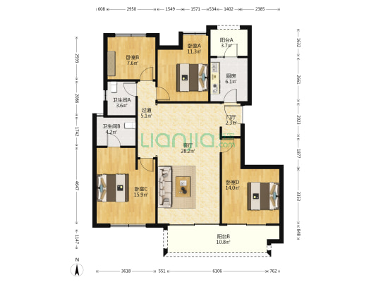 金地自在城艺境雅苑 4室1厅2卫 127平方