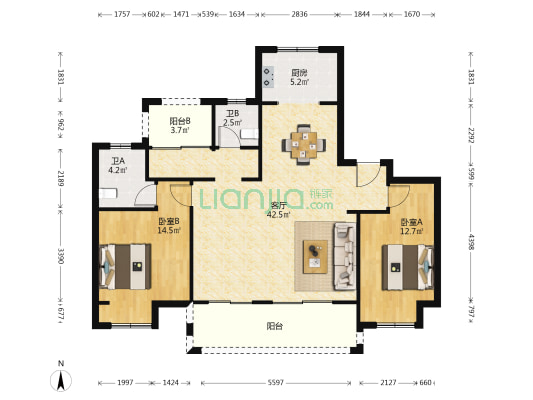 金厦阳光经典 2室1厅2卫 123平方
