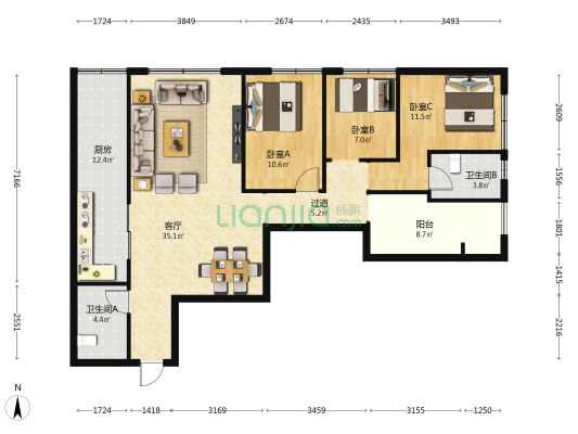 龙泉俊园馨苑 3室1厅2卫 131平方