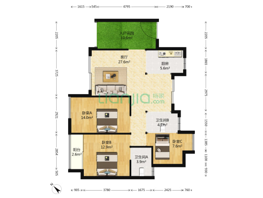 双羽湾 3室1厅2卫 88平方