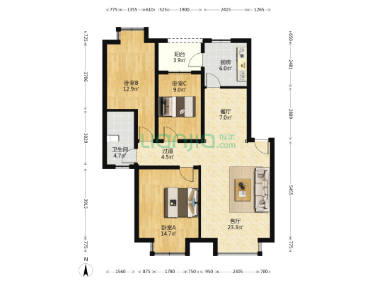 安心院 3室2厅1卫 109平方