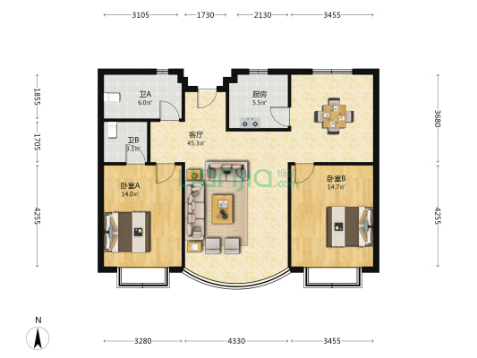 五三名苑 2室1厅2卫 115平方