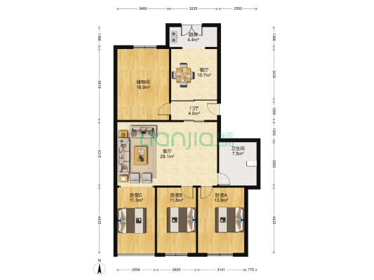 南金桥小区 3室2厅1卫 128平方