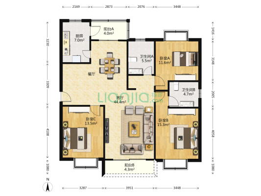 鑫鑫花园 3室1厅2卫 138平方
