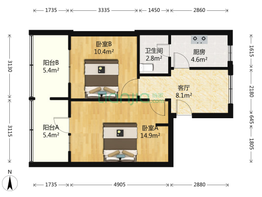 上海路5号 2室1厅1卫 58平方