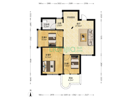 祥光花园 3室1厅1卫 77平方