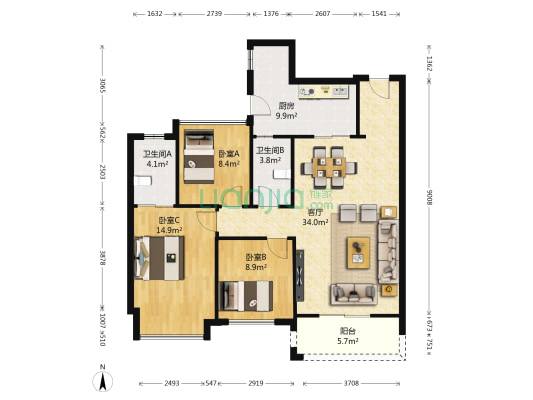 大福名城 3室1厅2卫 111平方