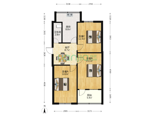 顺河路12号院 3室1厅1卫 76平方