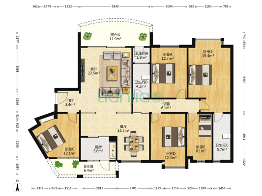 名汇城市花园 5室2厅3卫 171平方