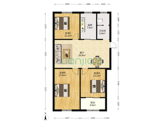 漕运西路82号 3室1厅1卫 104平方