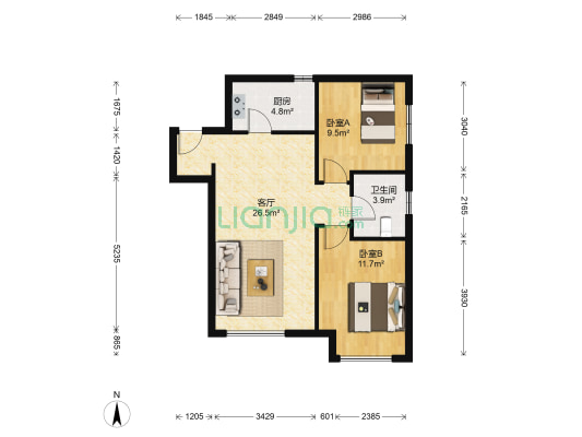 中海城阿尔卑斯 2室1厅1卫 80平方