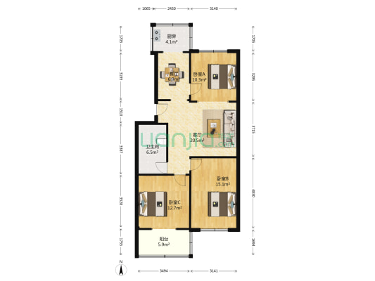 泰山公寓 3室2厅1卫 96平方