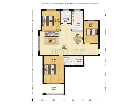 亿路发阳光景园 3室1厅2卫 119平方