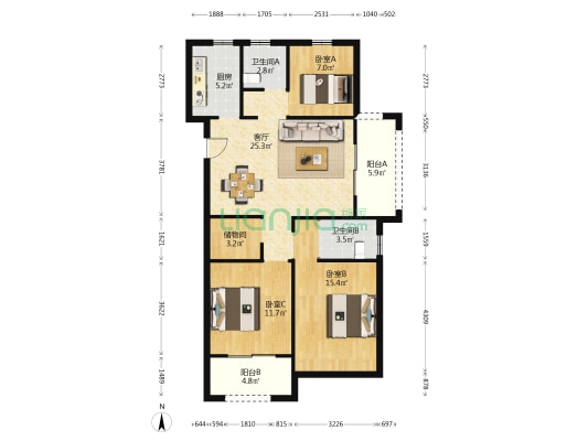 勤业未来城 3室1厅2卫 106平方