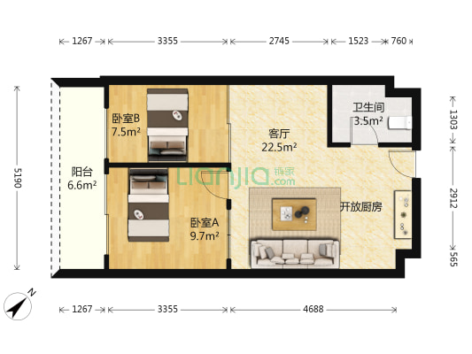 嘉诚国际公寓 2室1厅1卫 72平方