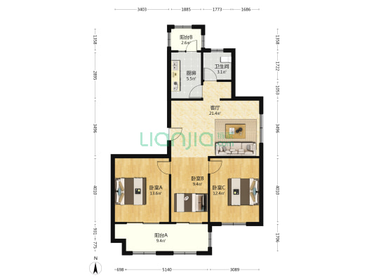 兴石花园二期 3室1厅1卫 105平方