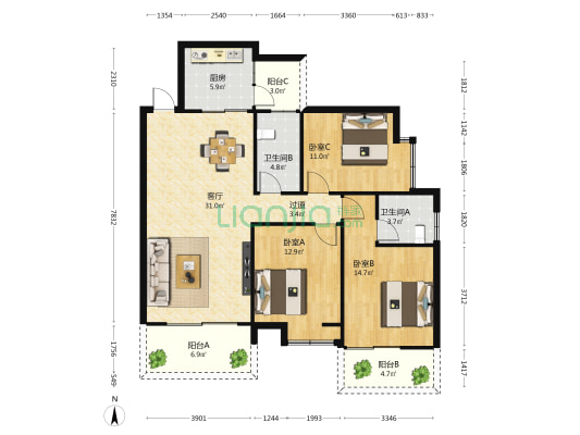 楠滨华庭北区 3室1厅2卫 123平方