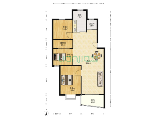东方丽景花园 3室1厅1卫 115平方