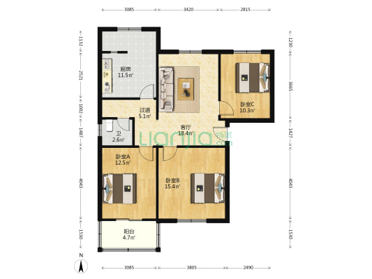 杨桂塘二轻局宿舍楼 3室1厅1卫 90平方