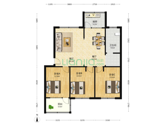 市财政局宿舍 3室2厅1卫 110平方