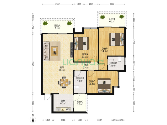 楠滨华庭南区 3室1厅2卫 127平方