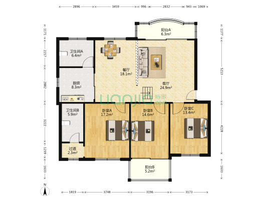 广场西里富贵小区 3室2厅2卫 131平方
