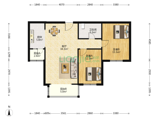 花语轩 2室1厅1卫 105平方