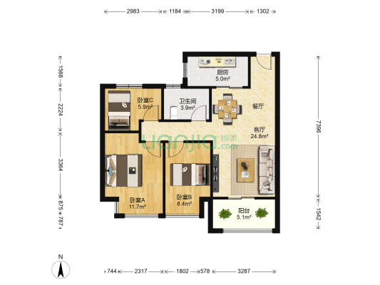 恒大滨河左岸二期 3室1厅1卫 91平方