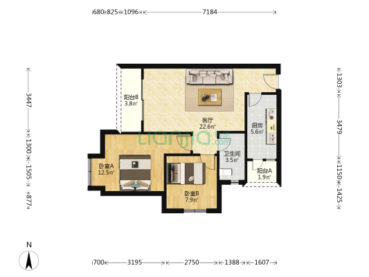 巨龙江山国际（A组团）一期 2室1厅1卫 77平方