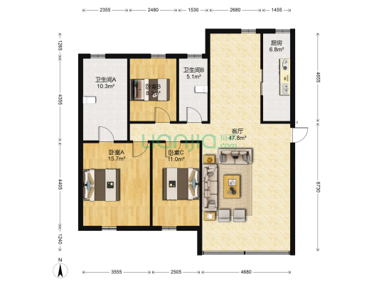 金叶名庭 3室1厅2卫 131平方