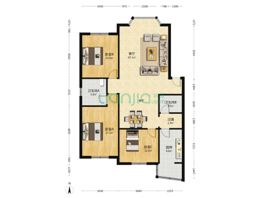 西街31号 3室1厅2卫 131平方