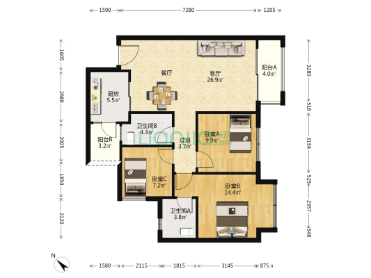 龙光眉山玖龙府 3室1厅2卫 85平方