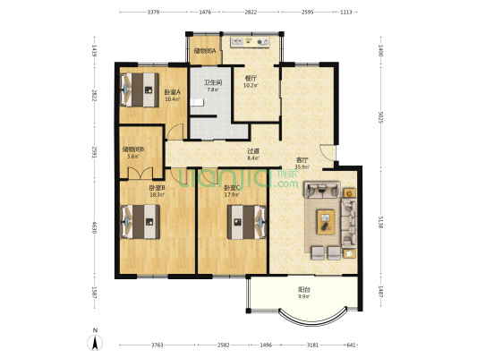 龙腾静馨山莊 3室2厅1卫 140平方