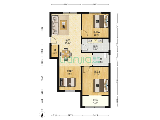 兰天国际广场 3室1厅1卫 109平方