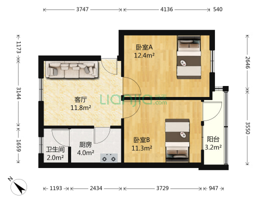 广钢鹤平小区 2室1厅1卫 59平方