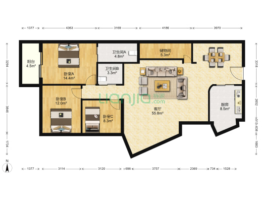 浦二商贸中心 3室1厅2卫 152平方