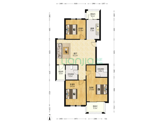 窄溪新苑A区 3室1厅2卫 123平方