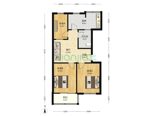 园林局宿舍 3室1厅1卫 72平方