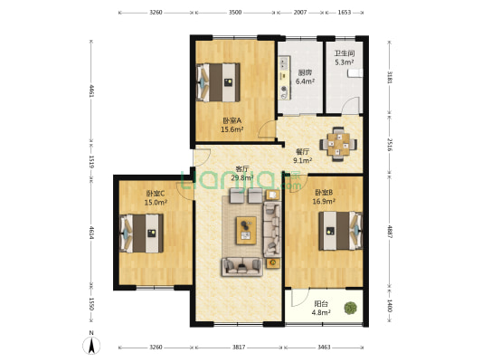 康乐小区 3室2厅1卫 119平方