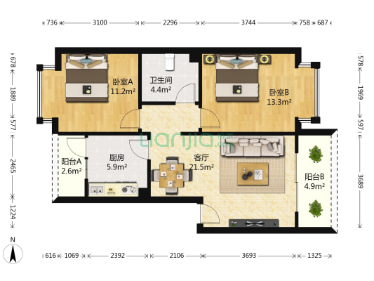 一环路东南段37号 2室1厅1卫 76平方