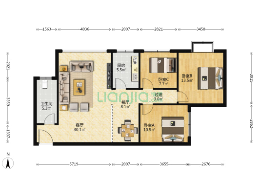 恒阳广场 3室2厅1卫 103平方