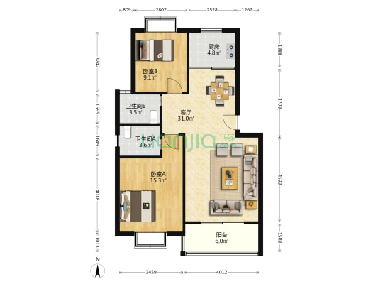 西岸水城南区 2室1厅2卫 88平方