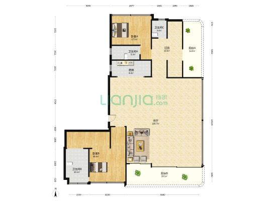中海龙湖百贤府 2室1厅3卫 267平方